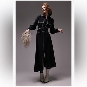 NWT Topshop Contrast Seam Long Sleeve Belted Midi Shirtdress in Black - Sz 2